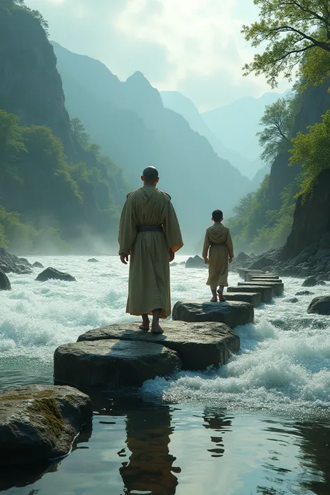 "A calm monk helping a young traveler cross a rushing river on stepping stones, with vivid reflections of the surrounding forest and mountains in the water."