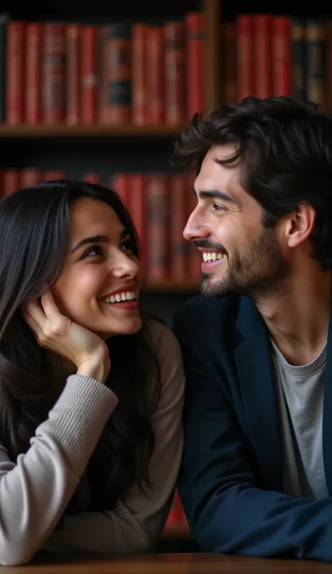 The speaker listens closely, resting their chin on their hand with an encouraging smile as the listener speaks passionately. The background is a quiet library with shelves fading into red and black, symbolizing a deepening connection.
