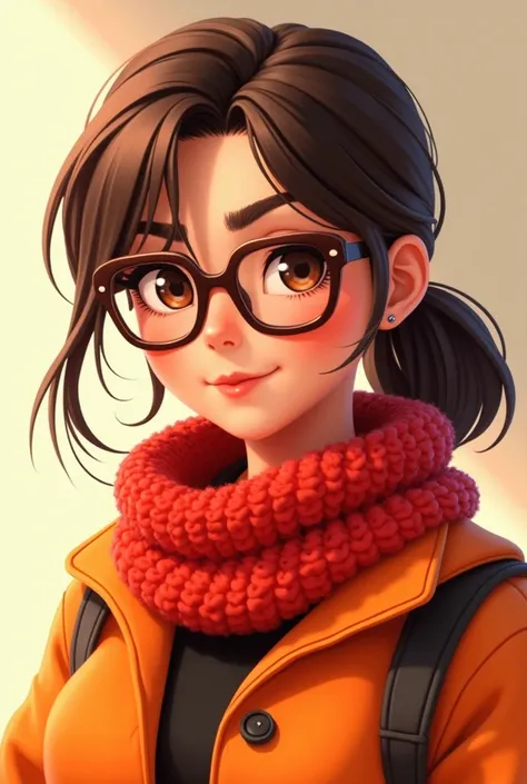 animation woman with brown hair up to her shoulders glasses and orange jacket with red scarf