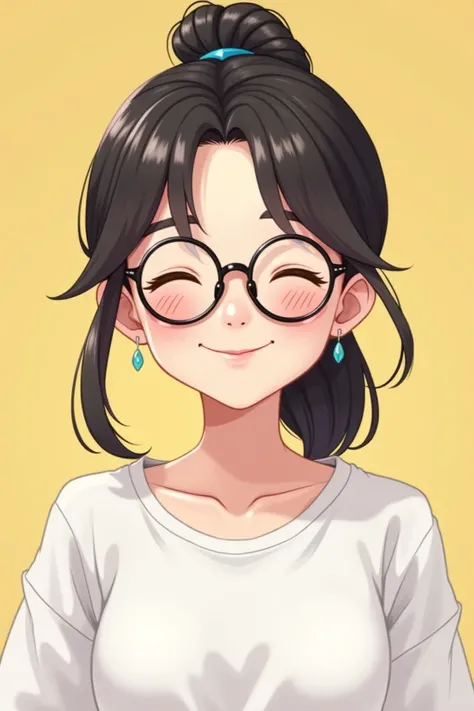 Half-tied hair
Round Frame Glasses
Smiley
Round face
Wear earrings
Wear a white T-shirt