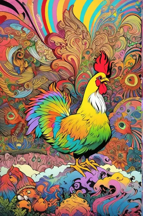  There is a cartoon picture of a rooster,  An illustration inspired by James Christensen ,   CG Society Contest Winners  ,  Maximalism , Rakib Shaw , Folk illustration , The King of Chickens ,   Colorful Illustrations  ,  Colorful Illustrations , Intricate...