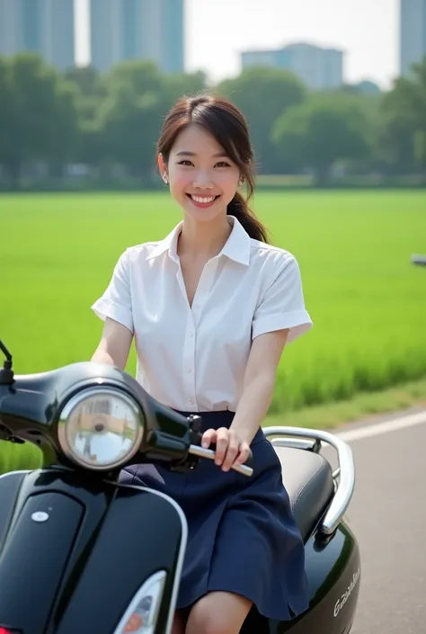 A young Asian woman sat on a black scooter, she smiled for the camera, she wore a buttoned white short-sleeved shirt and a dark blue skirt. She gathered her hair in a ponytail to add color to her face. The scooter was parked by the road with a red brake li...