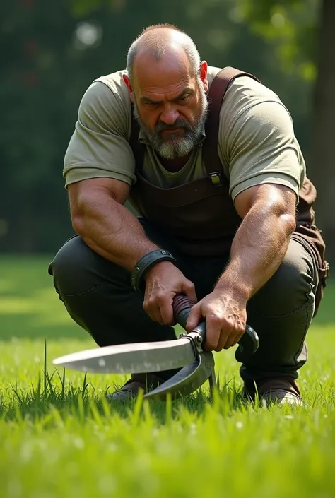 an character sitting sideways cutting grass with big lawn shears