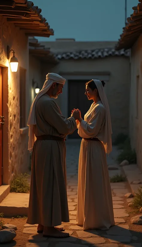 (photorealism:1.2), arab man, 40 years old, old arab dress ,  standing next to arab woman 30 years old , both take ablutions,  background of old arab simple house , the night,  image in cinematic zoom.