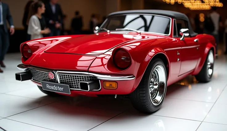 Close right view of painted RED  with shiny clour 1970 MG MGB Roadster sleek in large shape sedan in large size with MG  logo on its large detailed grille in shiny white clour with angular sporty design captured from close right view with modified sleek ba...