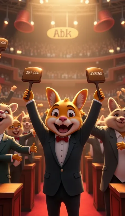 Create a dynamic and energetic scene of an animated auction hall filled with anthropomorphic animal characters dressed in elegant suits and formal attire. The bidders enthusiastically raise their paddles with various amounts written on them, such as 25,000...