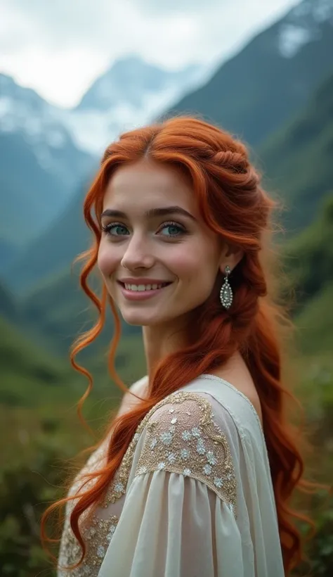 18 yo Indian beautiful queen in a mountain toute ,cute smile blue eyes red hair, photo shoot ,sharp details,brighter,uhd, potrait,highly detailed,face focus , 8k , cinematic background 