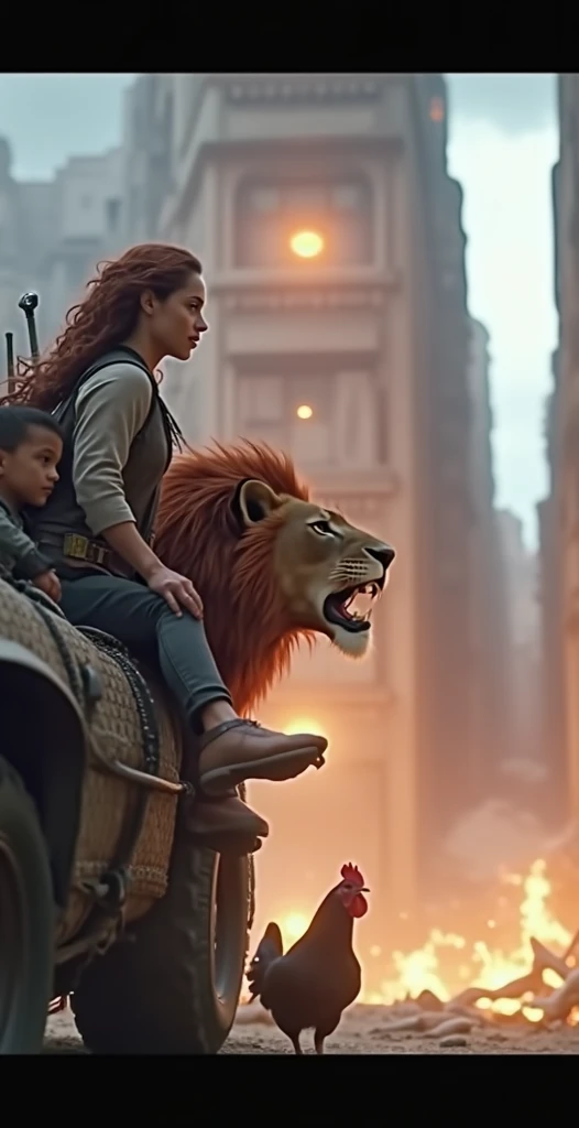 30 year old woman, cinnamon-skinned boy,  red wavy brown hair .riding, Being protected by a roaring red lion . and a chicken In a landscape from war to war, imagen realista, 4k,  photograph, Integrated HD 