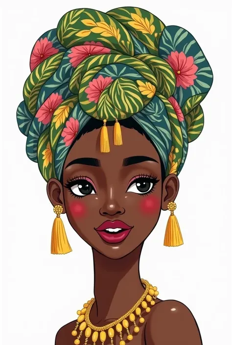 A beautiful black woman, AFRICANA, com um turbante estampas AFRICANAs em tons pastéis verde, rosa,  yellow and blue on the flat head medium white background , Use ONLY the colors green , rosa,  yellow and blue in pastel tones for clothes and for turban