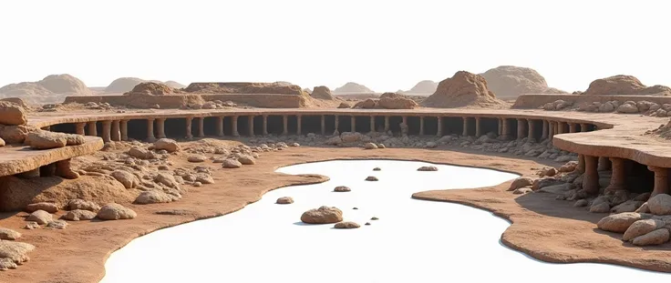 on a white 3D rendering background,  Extensive full-scale 3D Modeling Games, large 60 meters by 80 meters wide , Tribal style,  Terrain model 60x80 meters of horizontally long rocks ,  An ancient RUIN destroyed with a plank made of stone.，Rochas,  some sto...