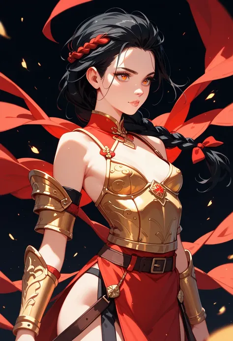 battle-hardened warrior with long black hair tied in a high braid, wearing ornate golden armor with glowing red engravings, small breasts, waist-up, 