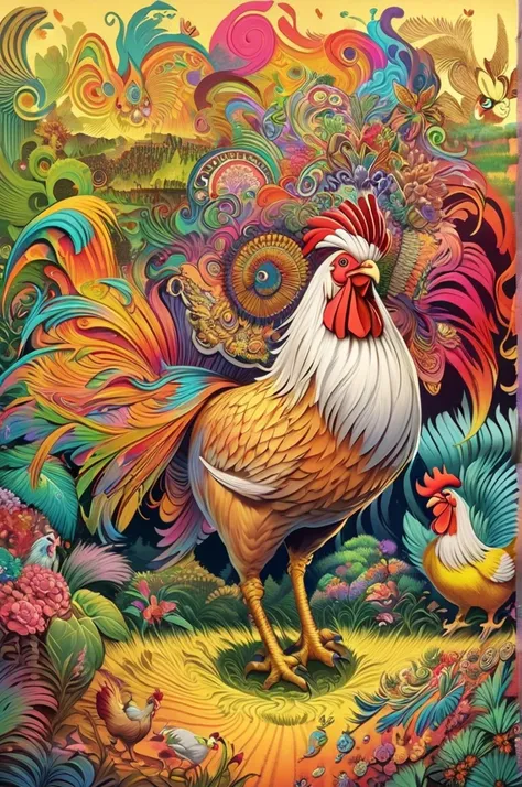  There is a cartoon picture of a rooster,  An illustration inspired by James Christensen ,   CG Society Contest Winners  ,  Maximalism , Rakib Shaw , Folk illustration , The King of Chickens ,   Colorful Illustrations  ,  Colorful Illustrations , Intricate...