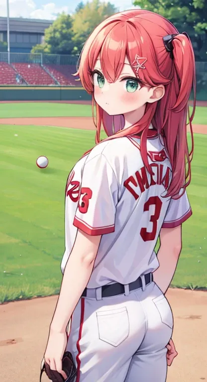  best quality,Sakura Miko,cute, baseball uniform at the baseball field, school ground,