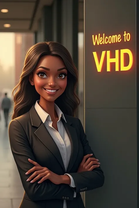 A smiling businesswoman with a dark complexion next to a sign that says Welcome to VHD.