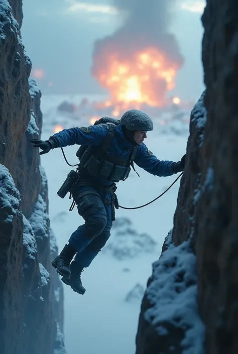 Detailed moment ((jump down effect from height)), ((View Closeup Detailed Cyber-Soldier Jump down From Hight Rock , powefull Hight explosing overhead do Strong rain)), (snow cover his clothes), (clothes dark blue camouflage, climbers equipment), ( Strong w...