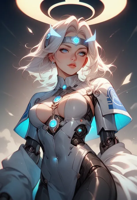 futuristic priestess with short platinum hair, glowing blue eyes, and a cybernetic halo, wearing an elaborate metallic robe with intricate symbols, medium breasts, 