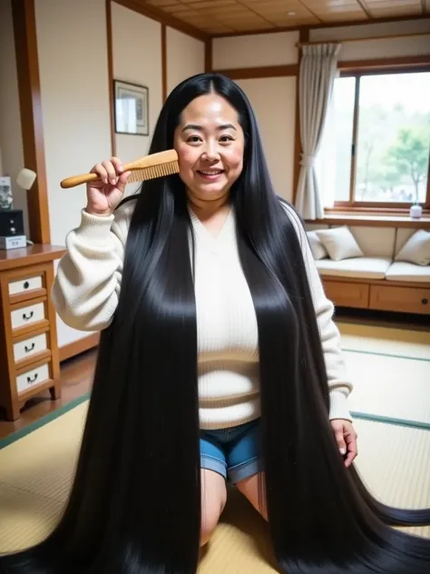 8k,Highest quality, masterpiece, Ultra-high resolution,(masterpiece:1.6, Highest quality), Intricate details, 1 female,Middle-aged woman in her 50s, japanese, full body,  top of head,  ((Absurdly Long hair:1.5)) ((jet Black Hair)), ((forehead:1.5)), obese,...