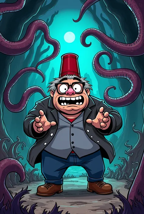 Stanford Pines being held by Bill Ciphers tentacles in the style of Gravity Falls

