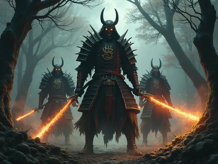 many giant evil dark ronin warrior with a giant sword in flames at a dark and scary forest in Japan