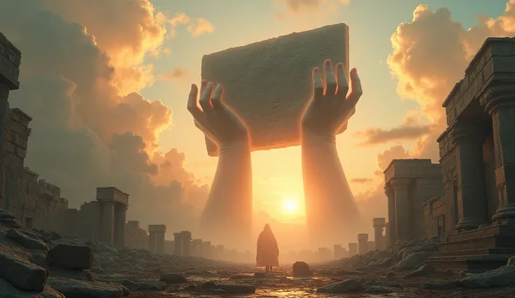 "Create a surreal and mysterious scene of giant hands emerging from the sky, lifting a massive stone slab from the ruins of an ancient civilization. Include scattered stone pillars, broken walls, and a dramatic sunset sky with clouds, emphasizing a sense o...