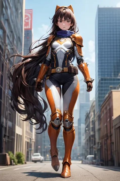 ((best quality)), ((masterpiece)), (detailed), 1 girl, full body, 20s, young adult, purple eyes, brown vintage aviator helmet, spiked helmet, angry face, long blue scarf, brown hair, long hair, somewhat wavy hair, bangs, brown collar, somewhat short, very ...