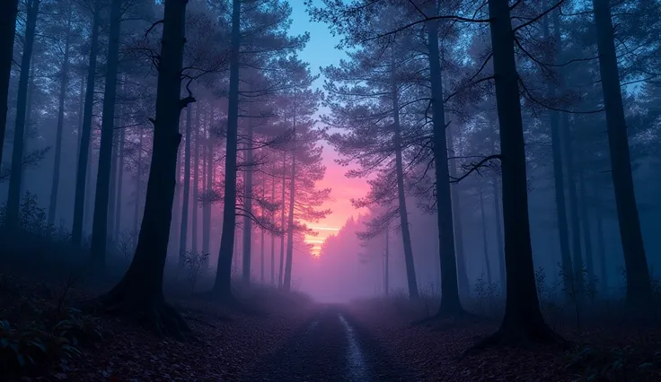 a forest at night with beautiful colors