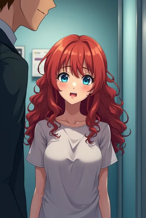 Girl with long curly hair blue eyes redhead blue eyes shy jealous firm breasts slim secretary on knees Fitt tall slim anime male doctor boyfriend brown hair 