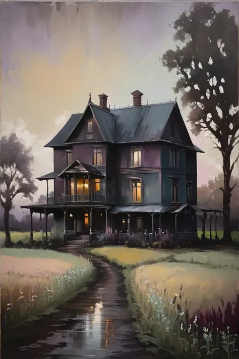 Muted colors and magic vibe. dark colors. Farm house. Oil paints 