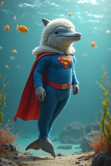 un dauphin laineux portant le costume de Superman, le "S" de costume est remplacé par un "D", il a un seul pied 