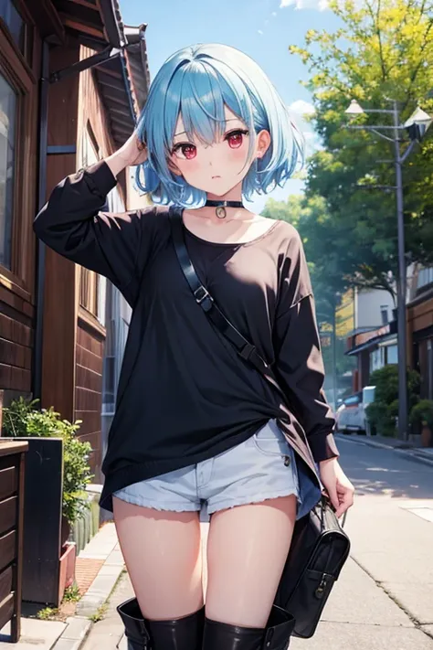  girl、１８age、 short hair 、Light blue hair、 on part of my hair、Poses that bring one leg up to the head、 shameful expression 、 Red Eyes、