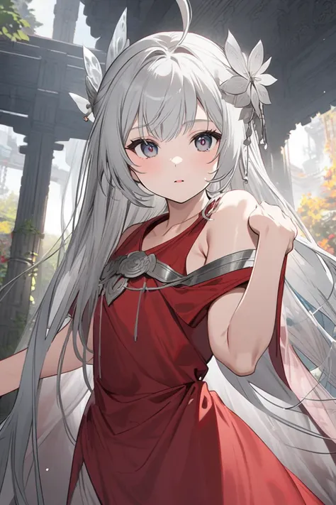 SILVER-HAIRED FAIRY WEARING A RED MONK DRESS