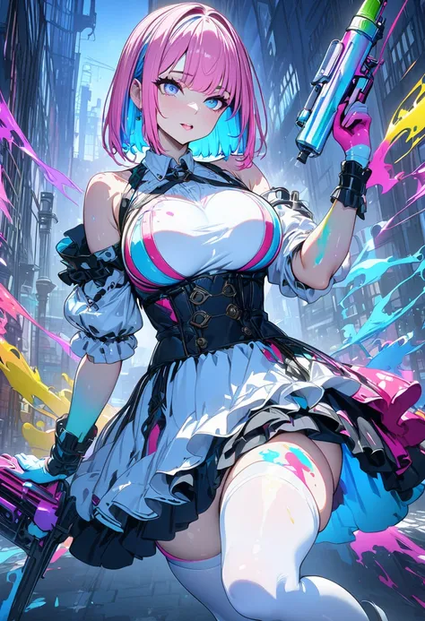 (masterpiece,  best quality :1.2,UHD,High Resolution,Detailed depiction)、 one sexy adult girl a little further away holding color spray、Big Breasts、 pink hair colored bob cut beautiful blue inner color 、Sitting on one knee 、 white jump suit stained with pa...