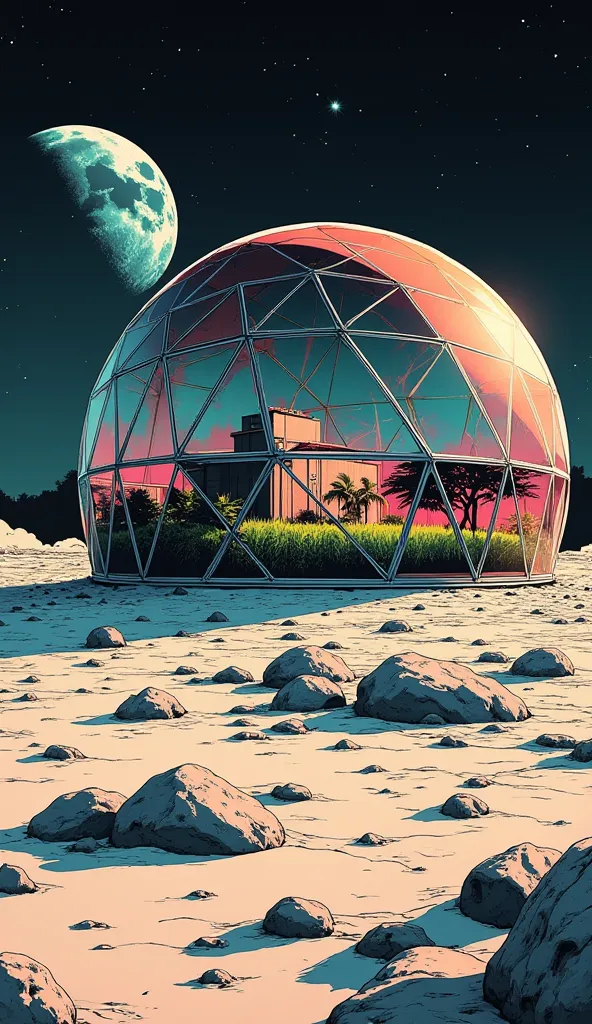 a spherical glass dome on the moon drawn in the style of synthwave. glass dome has triangular glass panels that forms the hemisp...