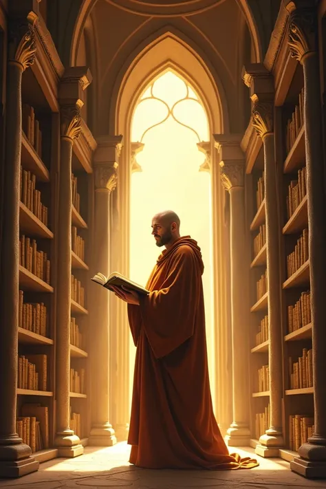 "A timeless library filled with ancient scrolls, golden light streaming through arched windows, and the monk standing in the center, holding an open book of wisdom."