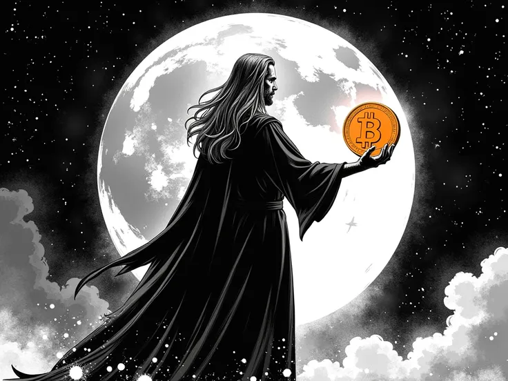 A dramatic, all-black and white comic book-style illustration featuring a majestic, long-haired man in flowing robes holding a Bitcoin coin in his hand. The coin is solid orange, with no glitter or shiny effects, providing a sharp contrast against the mono...