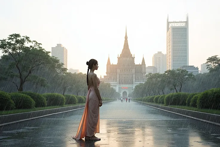 Myanmar Lady girl, standing at Yangon City background ,in the evening, raining 