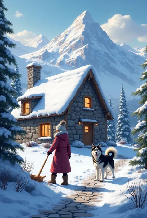 Create a picture with mountains full of snow and a stone house with 2 floors , with lights on, 
A woman that tries to clean a  stone path ... a dog husky