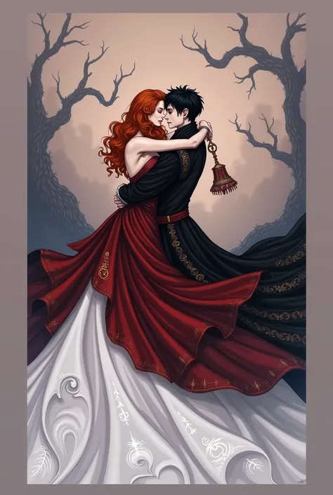 Red-haired princess in red dress next to young evil wizard with short black hair hugging each other.