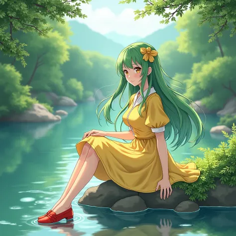 A girl with long green hair sitting on the banks of a beautiful river in Japan wearing a charming yellow dress with red shoes 