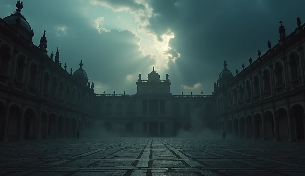 A shadowy atmosphere in a palace courtyard, with dark clouds looming overhead, symbolizing the tragic turn of events in the royal family. A cinematic mix of dark and light elements, highlighting the tension between divine light and human failings."