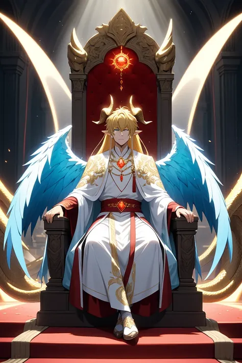  A majestically looking man rests on a throne decorated with reliefs of rising rays, exuding power.  His golden hair floats as if moved by a breeze ,  and incandescent marks adorn his face and pointed ears ,  with its gold-tipped black dragon horns and its...