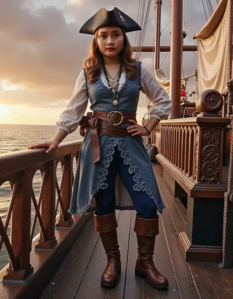 A detailed depiction of Elizabeth Swann from Pirates of the Caribbean, standing on the deck of a majestic pirate ship under a dramatic sunset. She is portrayed as a brave and elegant woman with long wavy brown hair, wearing a detailed pirate outfit with a ...