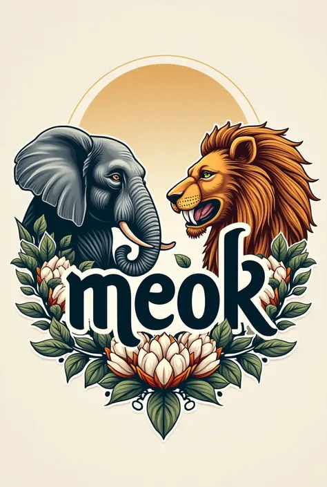  create a logo of the inscription  "MEOK " with two logos of the elephant head on the left and the head of the lion on the right side and make it in the middle there is a garuda logo as well as a circular rice and cotton logo