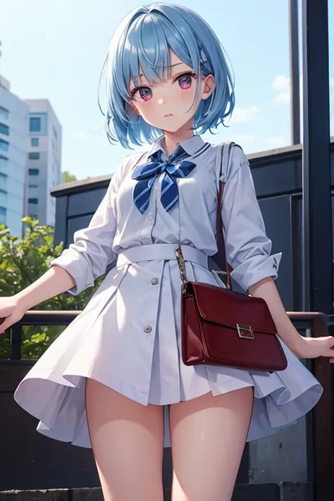  girl、１８age、 short hair 、Light blue hair、 shameful expression 、 Red Eyes、 miniskirt、White pants、 skirt raised