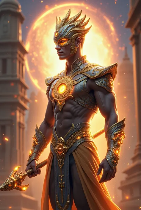 

"A young, Indian under 25 young male superhero with a divine and magical aura, standing tall in a modern, high-tech armored suit. The armor is intricately designed with golden and silver details, inspired by ancient Indian motifs like mandalas and sacred...