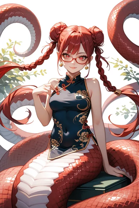 1girl,best quality,ultra detailed,(red glasses),red hair,red eyes,slit pupil,double bun,long twintails,twin braids,Qipao,cheongsam,beautiful face,
devil eyes,(lamia),monster girl,glamorous,anime,rating_safe