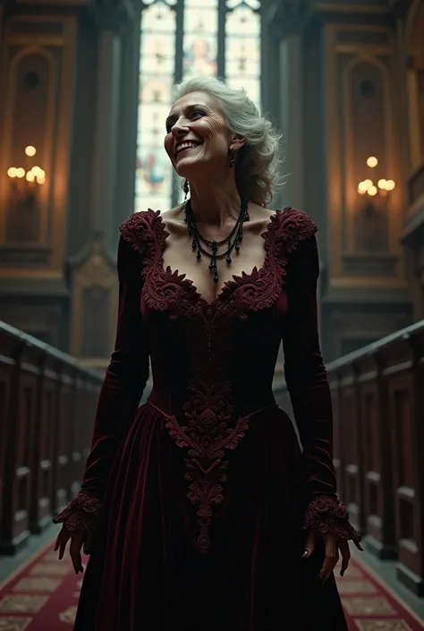 an old woman with the bearing of a madame in a velvet dress laughing wickedly with black eyes and lights and shadows in all art with a background of a Gothic interior church, Gothic