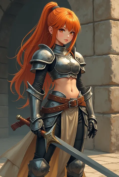 Anime, young girl, long ginger hair, long ponytail, standing by the stone wall, wearing two-piece knight armour, bare midriff and belly button, holding a sword