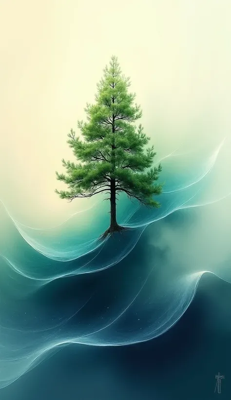 The image is an abstract digital art piece that appears to be a landscape with a tree in the center. The tree is a coniferous tree with green leaves and branches, and it is surrounded by a wave-like pattern of blue and green colors. The wave is made up of ...