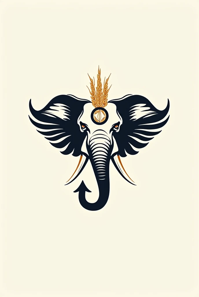 make a logo written  "MEOK "  with two logos of the head of the elephant on the left and the head of the lion on the right side and in the middle there is a garuda logo and a circular rice and cotton logo. in the logo the head of the elephant and the lion ...